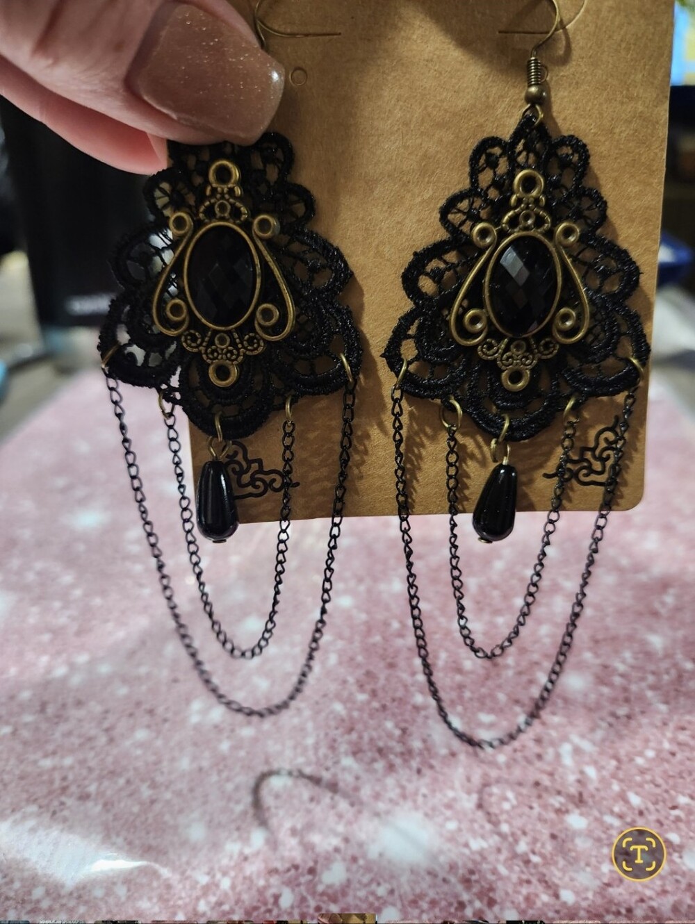 Black Lace Filigree Dangle Earrings with Antique Gold Accents - Picture 2 of 6